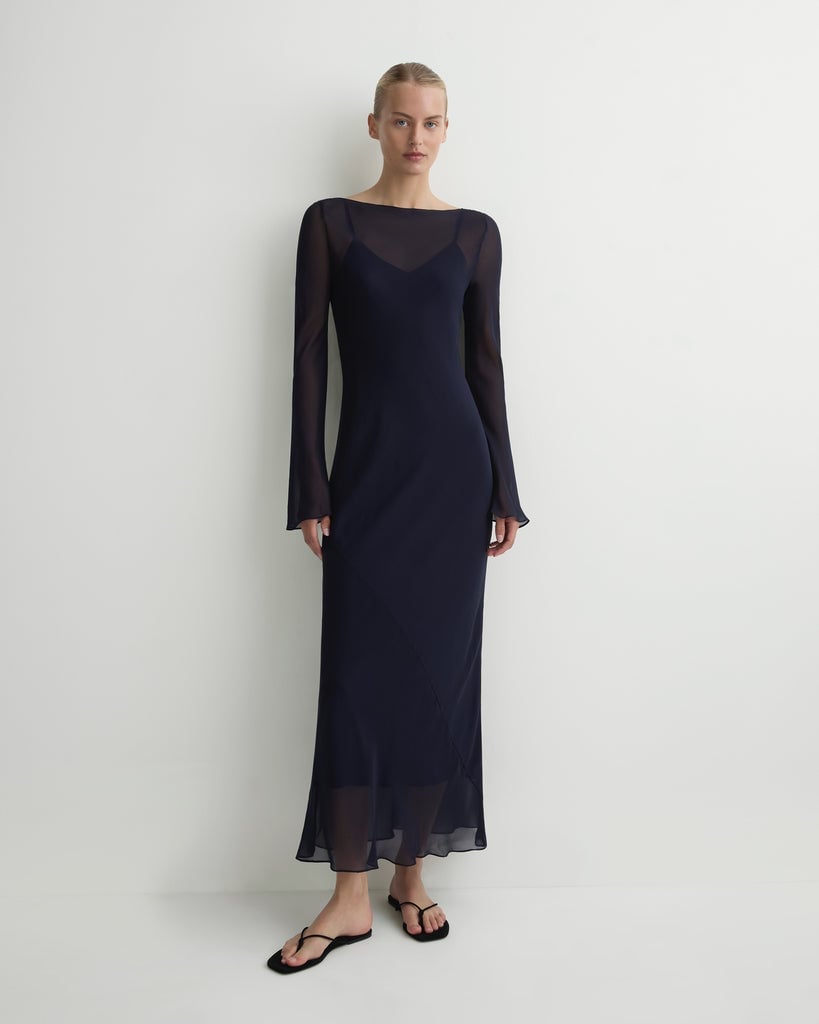 Navy Blue Silk Chiffon Maxi Dress With Sheer Sleeves — Elegant Silk Dresses