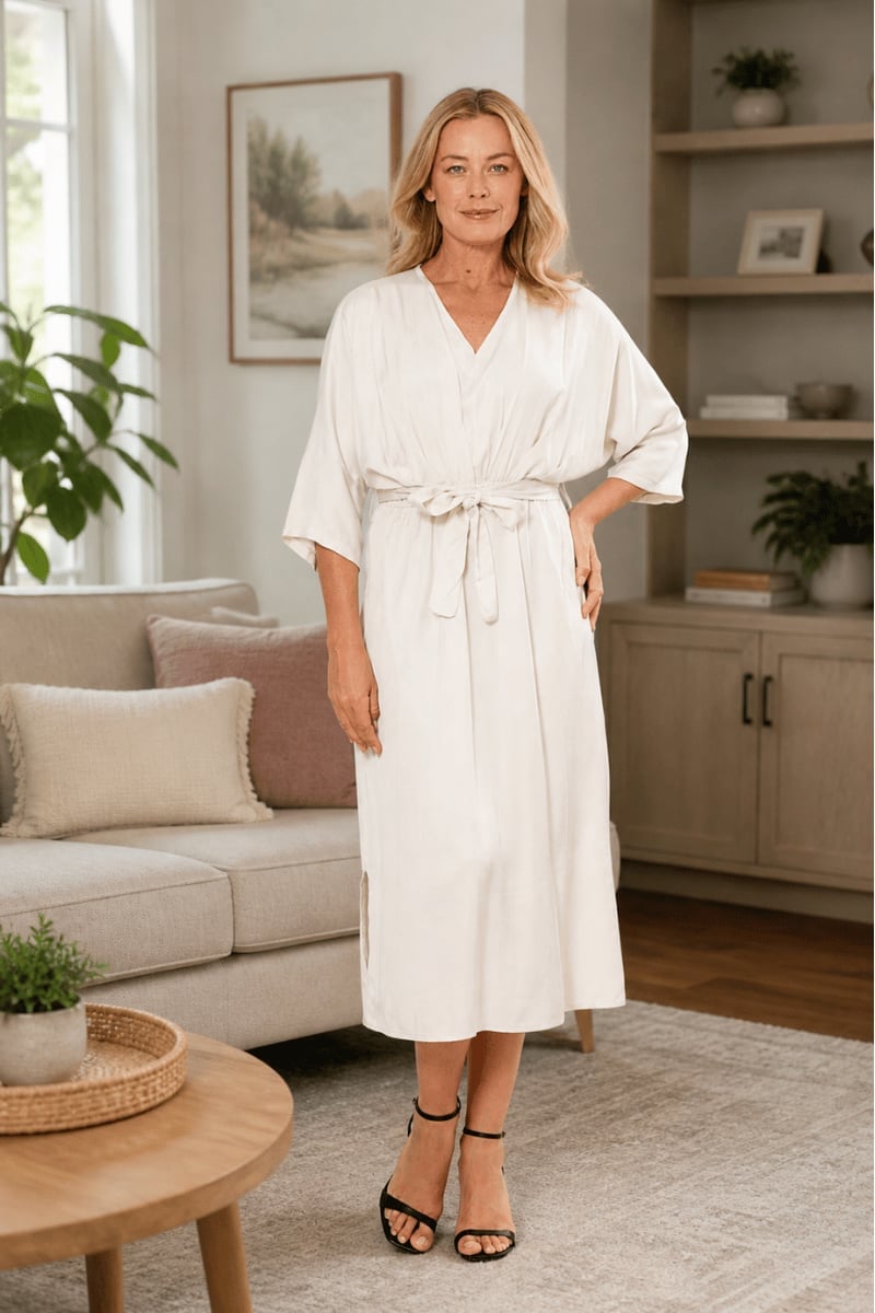 Cream Silk Blend Wrap Dress With Tie Waist — Elegant Silk Dresses