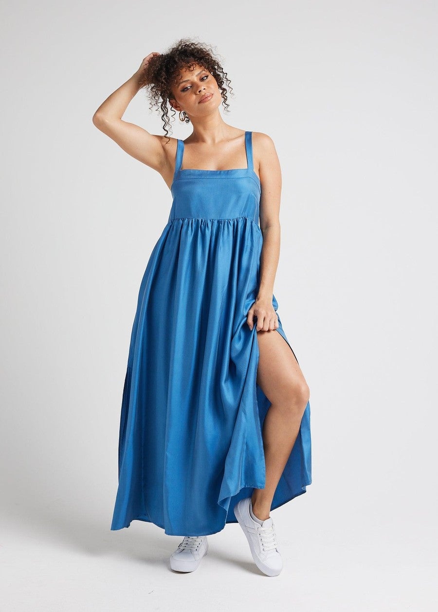 Blue Silk Sleeveless Maxi Dress With High Slit — Elegant Silk Dresses