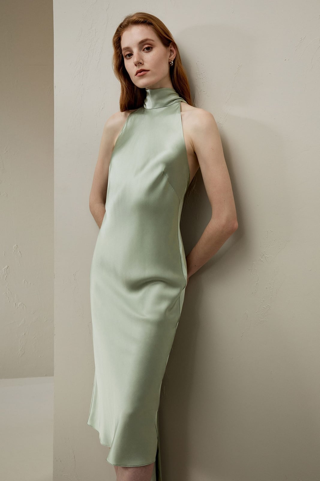 Light Green Silk Halter Neck Dress With Open Back — Elegant Silk Dresses