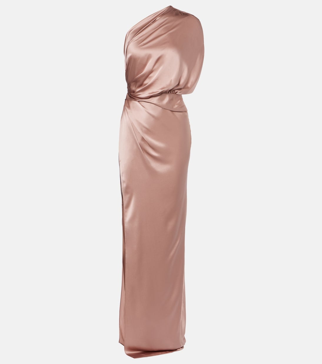 Rose Gold Silk Satin One-Shoulder Gown With Draped Bodice — Elegant Silk Dresses