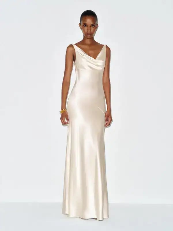 Ivory Silk Maxi Dress With Cowl Neck Drape — Elegant Silk Dresses