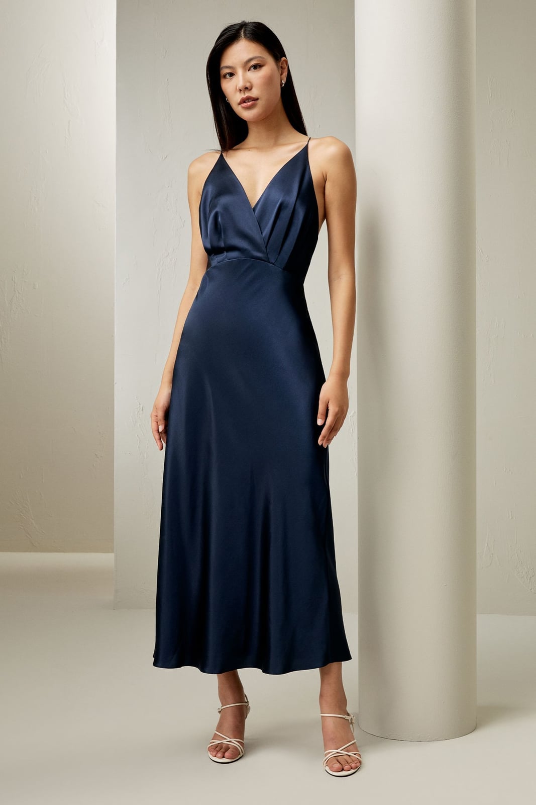 Navy Blue Silk Charmeuse Maxi Dress With Bias Cut — Elegant Silk Dresses