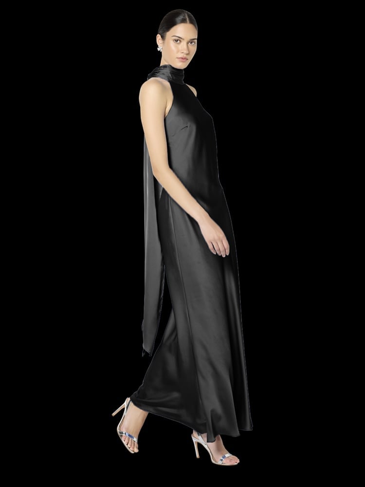 Black Satin Halter Neck Maxi Dress With Cape Detail — Elegant Silk Dresses