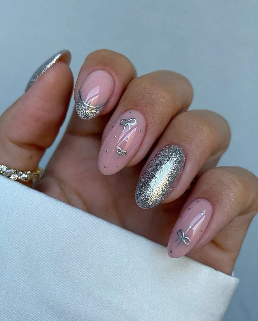 Pink Silver Glitter Bow Accent Nails Pink Silver Glitter Bow Accent Nails — Elegant Silver Nails