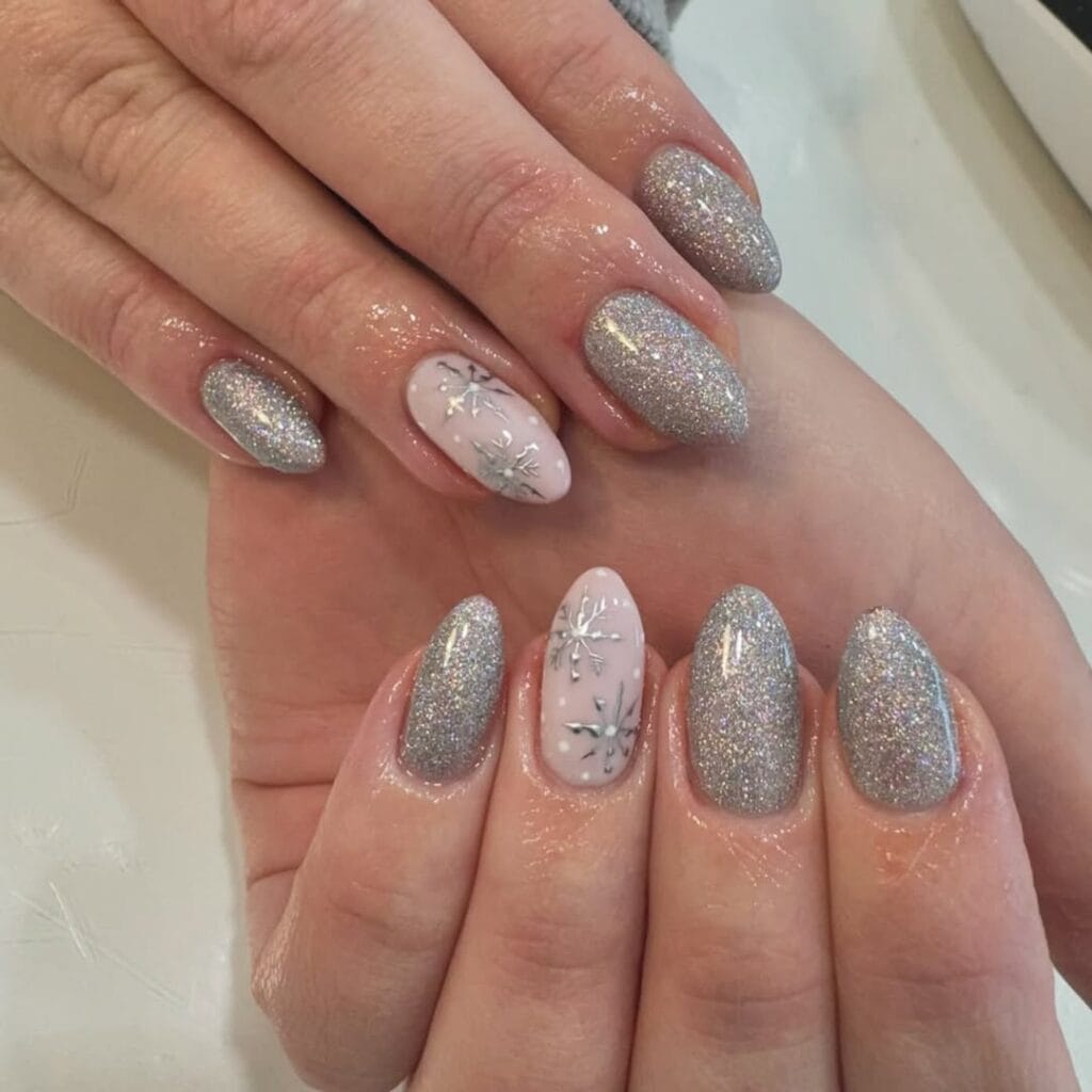 Pale Pink Silver Glitter Snowflake Nails Pale Pink Silver Glitter Snowflake Nails — Elegant Silver Nails