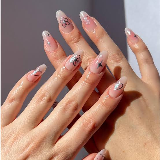 Long Almond White French Silver Decal Nails Long Almond White French Silver Decal Nails — Elegant Silver Nails