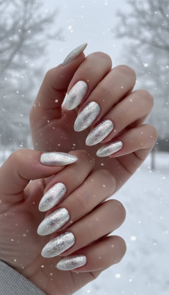 Short Almond Icy Silver Holographic Shimmer Short Almond Icy Silver Holographic Shimmer — Elegant Silver Nails