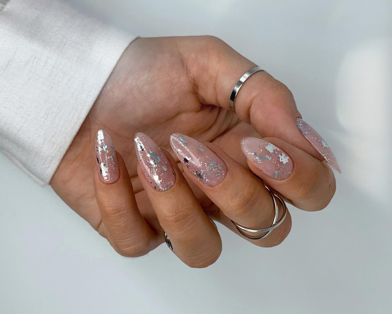 Long Almond Pink Silver Foil Nails Long Almond Pink Silver Foil Nails — Elegant Silver Nails