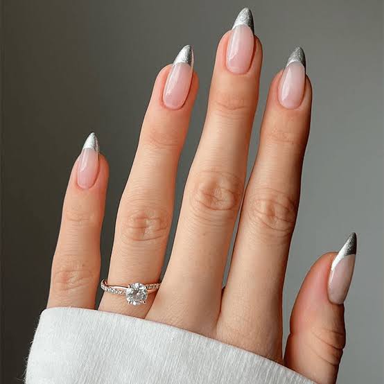 Sheer Nude Glitter French Tip Nails With Medium Almond Sheer Nude Glitter French Tip Nails With Medium Almond — Elegant Silver Nails