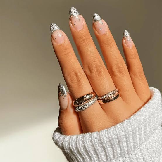 Elegant Silver Glitter French Tip Almonds Elegant Silver Glitter French Tip Almonds — Elegant Silver Nails