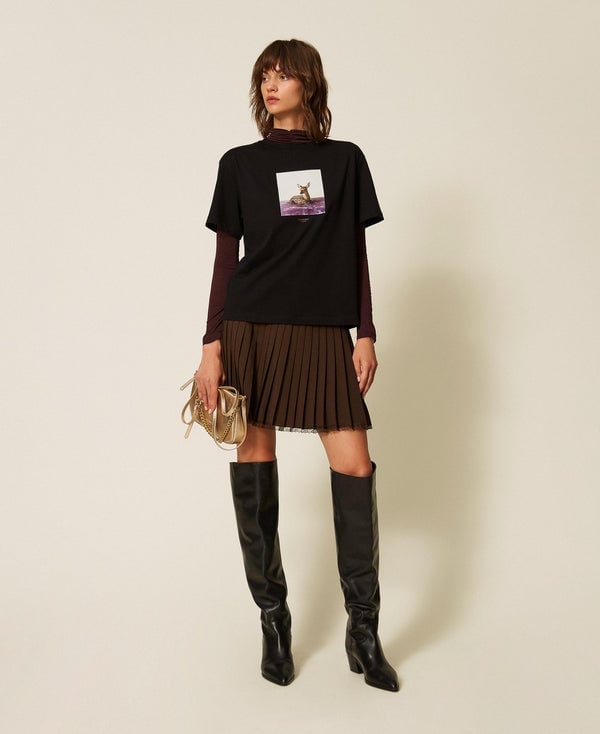 Black Tee Over Burgundy Long-Sleeve with Mini Skirt Black Tee Over Burgundy Long-Sleeve with Mini Skirt — Elegant Tshirt Outfit