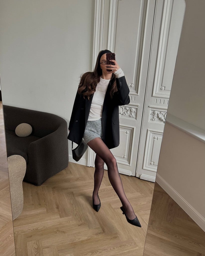 White Long-Sleeve Top with Blazer and Sparkly Skirt White Long-Sleeve Top with Blazer and Sparkly Skirt — Elegant Tshirt Outfit
