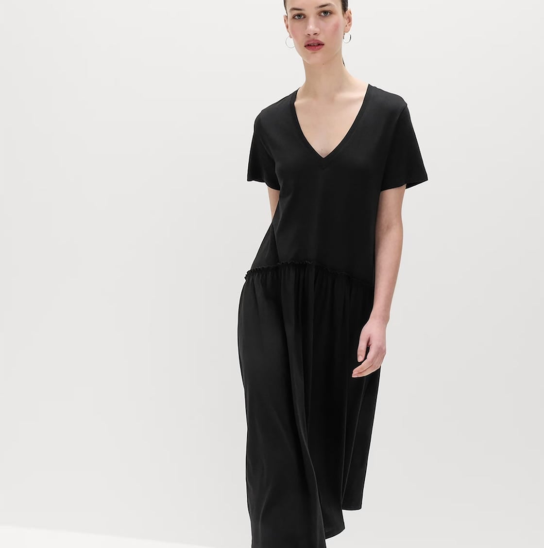 Black V-Neck T-Shirt Dress with Drop Waist Black V-Neck T-Shirt Dress with Drop Waist — Elegant Tshirt Outfit