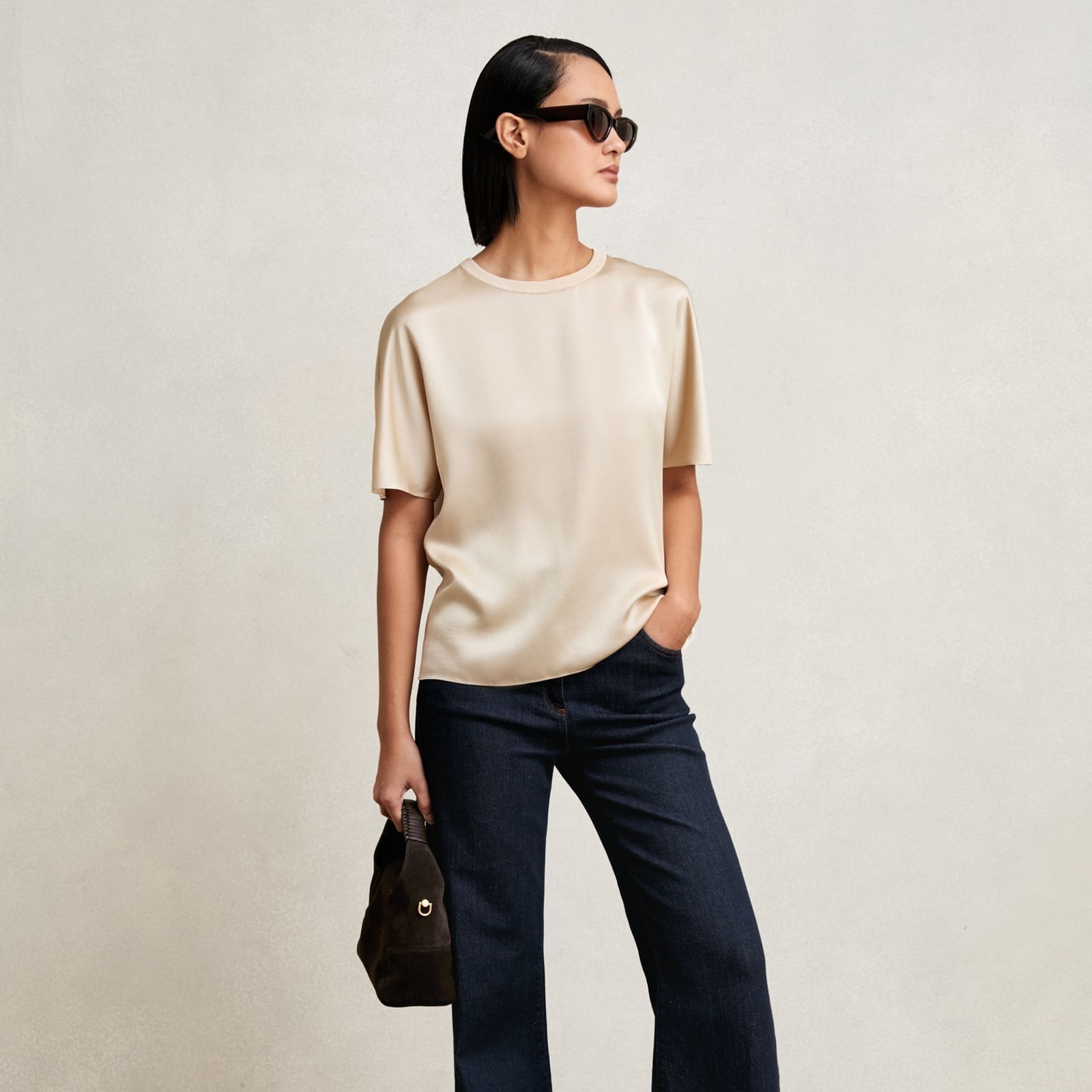 Silk Cream Tee with Dark Wash Denim Silk Cream Tee with Dark Wash Denim — Elegant Tshirt Outfit