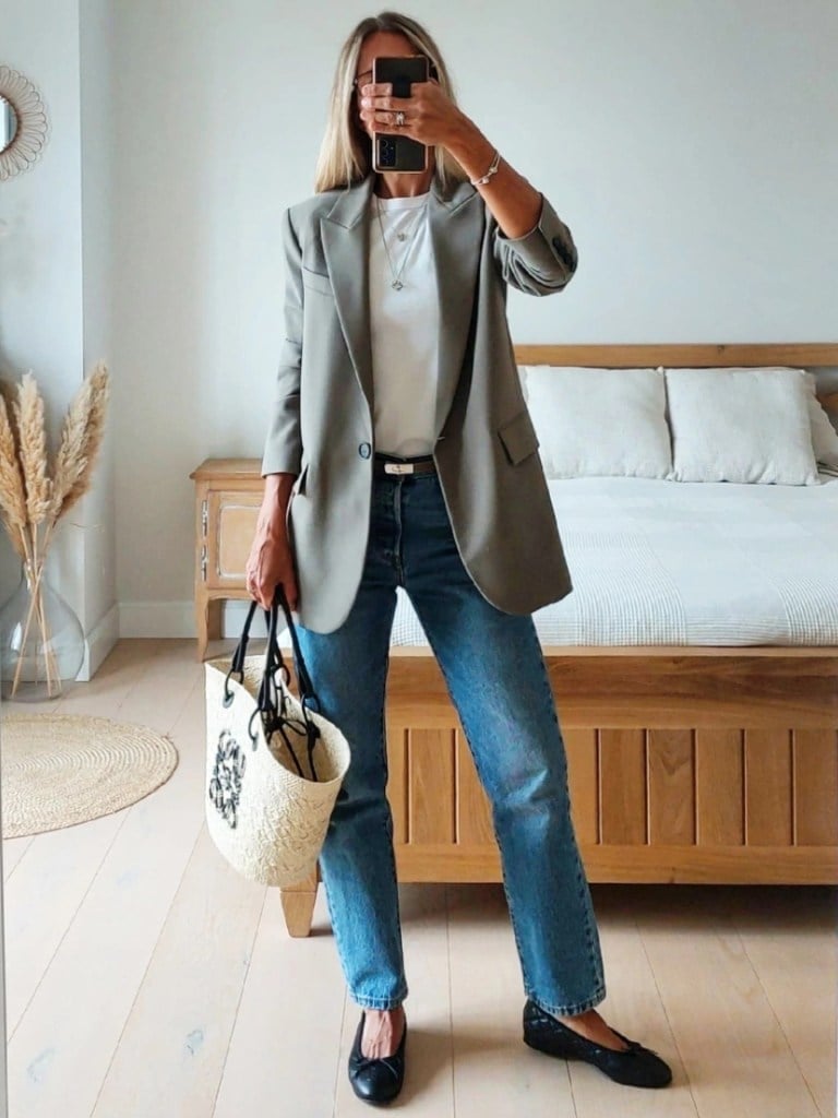 White Tee with Grey Blazer and Blue Jeans White Tee with Grey Blazer and Blue Jeans — Elegant Tshirt Outfit