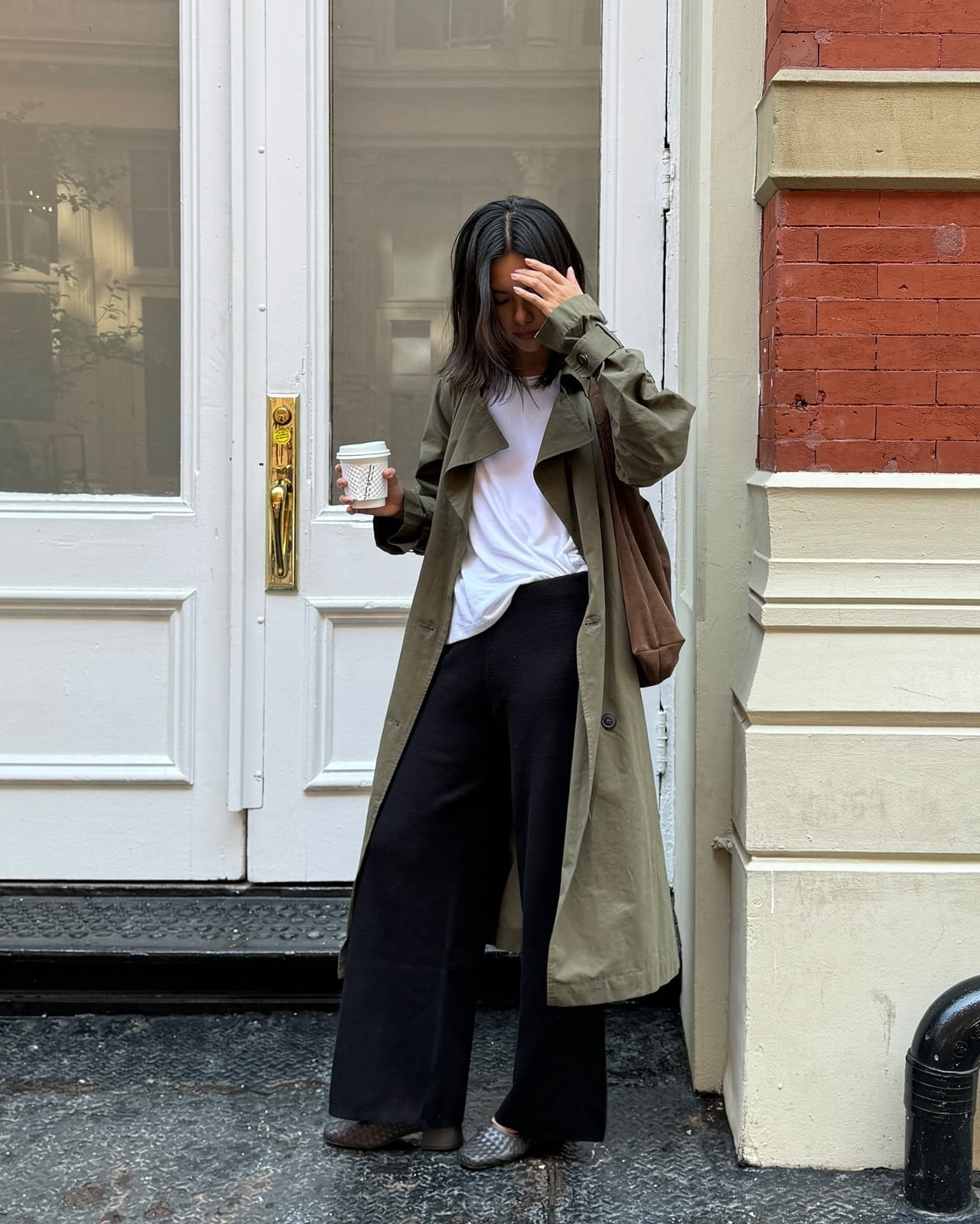 Olive Green Trench Over White Tee and Knit Pants Olive Green Trench Over White Tee and Knit Pants — Elegant Tshirt Outfit