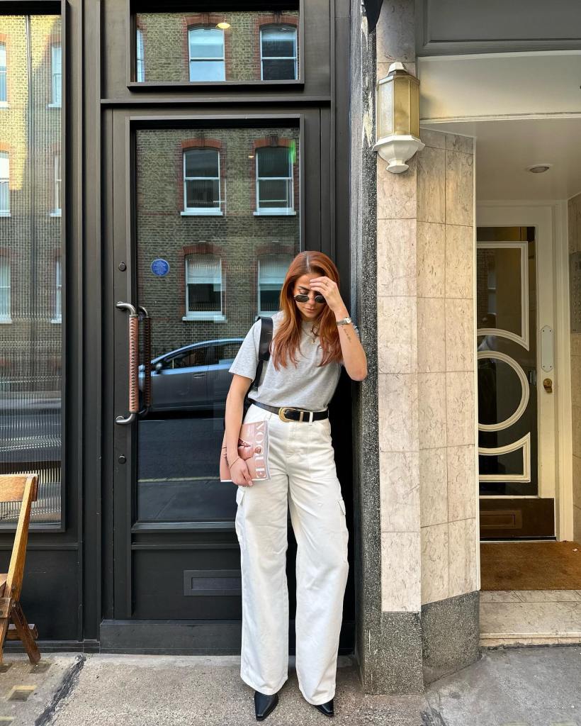 Grey T-Shirt with White Wide-Leg Trousers Grey T-Shirt with White Wide-Leg Trousers — Elegant Tshirt Outfit