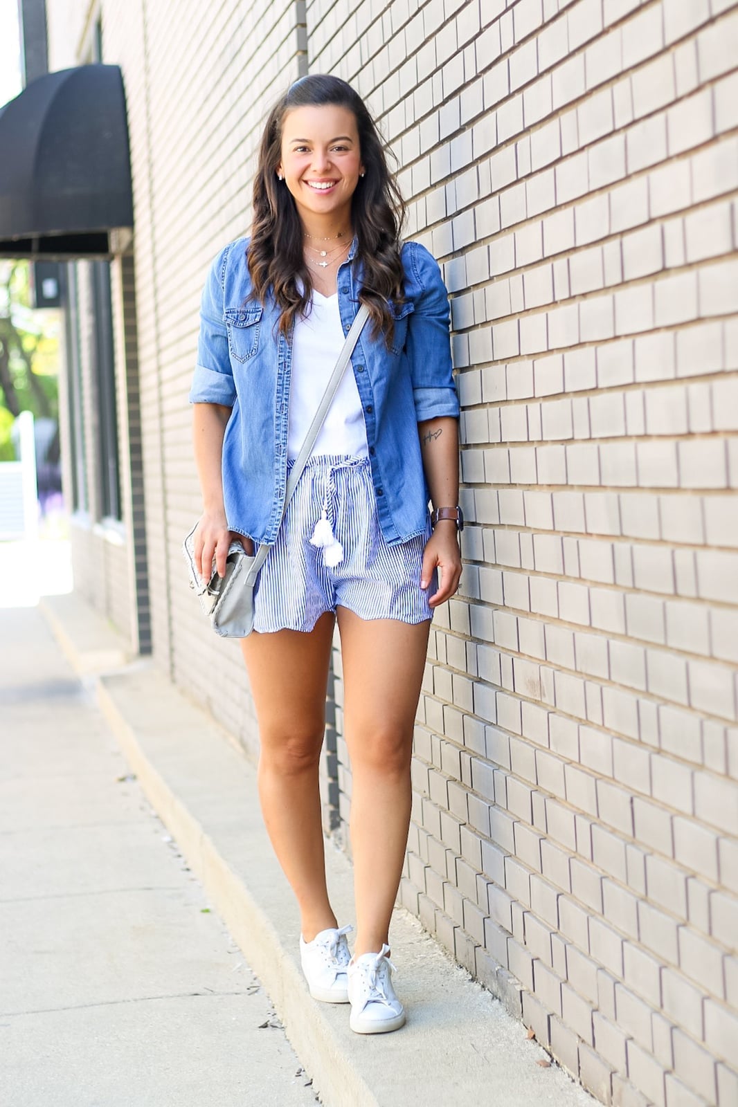 White Tee Layered Under Denim Shirt with Striped Shorts White Tee Layered Under Denim Shirt with Striped Shorts — Elegant Tshirt Outfit