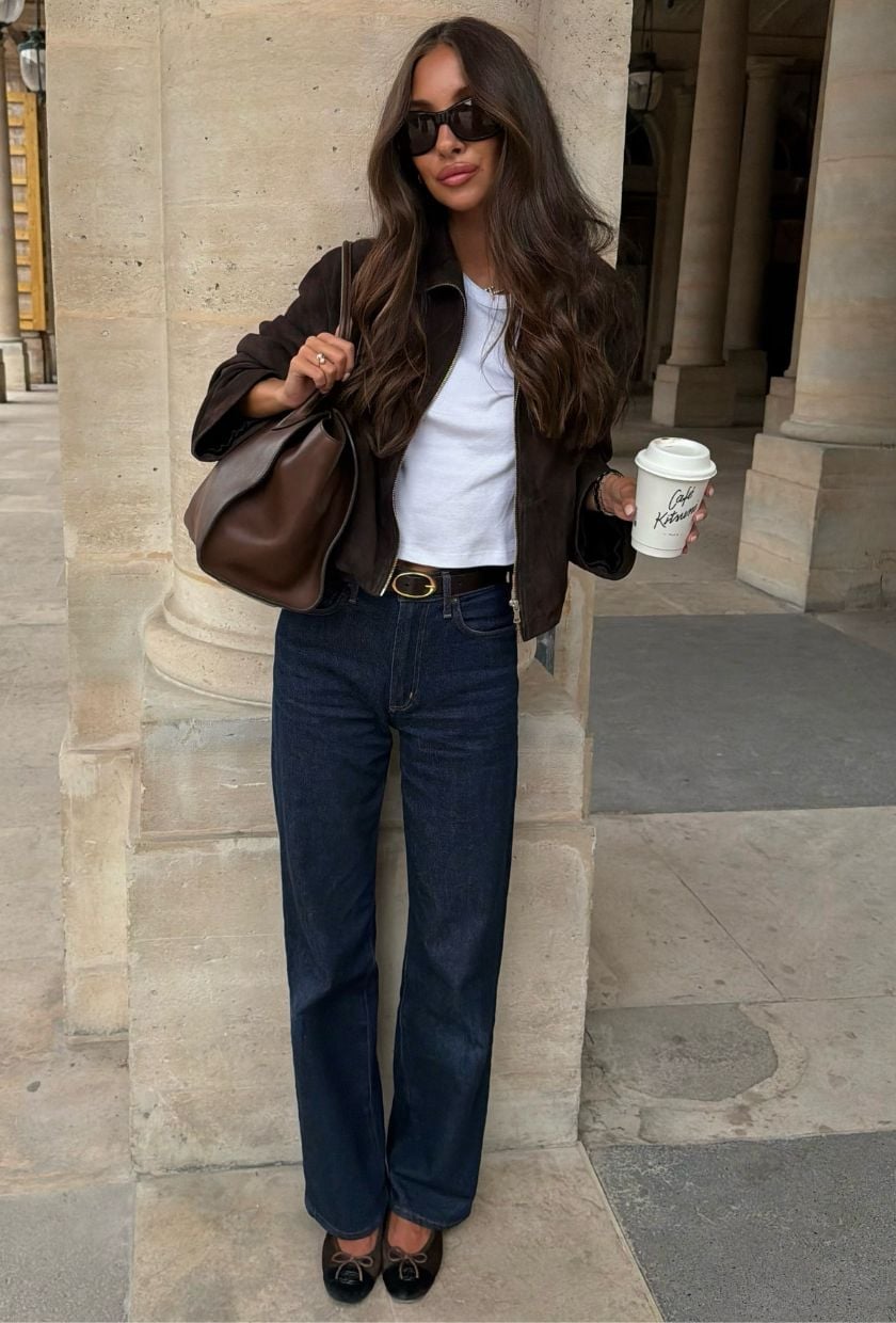 Brown Suede Jacket Over White Tee and Dark Jeans Brown Suede Jacket Over White Tee and Dark Jeans — Elegant Tshirt Outfit