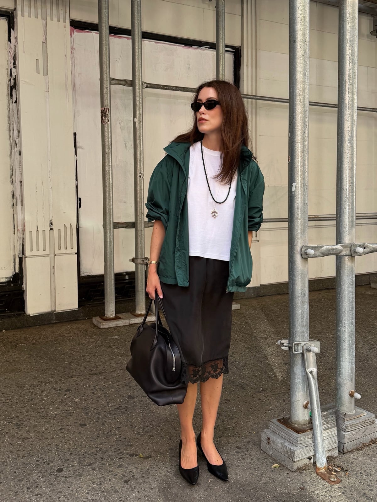 Green Jacket and Lace Skirt with White Tee and Black Pointed-Toe Heels Green Jacket and Lace Skirt with White Tee and Black Pointed-Toe Heels — Elegant Tshirt Outfit