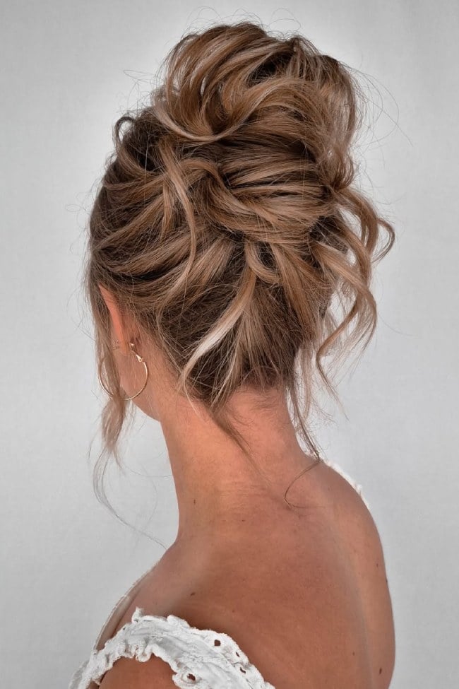 Messy Bun Updo Ash Blonde With Highlights — Elegant Updo Inspo