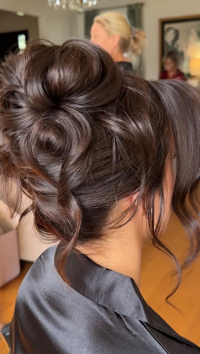 Voluminous Dark Brown Updo With Loose Curls — Elegant Updo Inspo