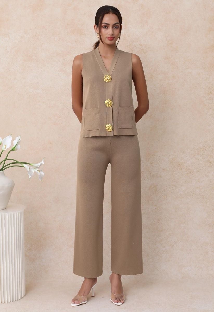 Camel Knit Vest with Gold Buttons and Wide-Leg Pants — Elegant Vest Outfits