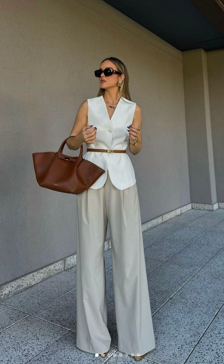 Longline White Vest Over Beige Top with Wide-Leg Pants — Elegant Vest Outfits