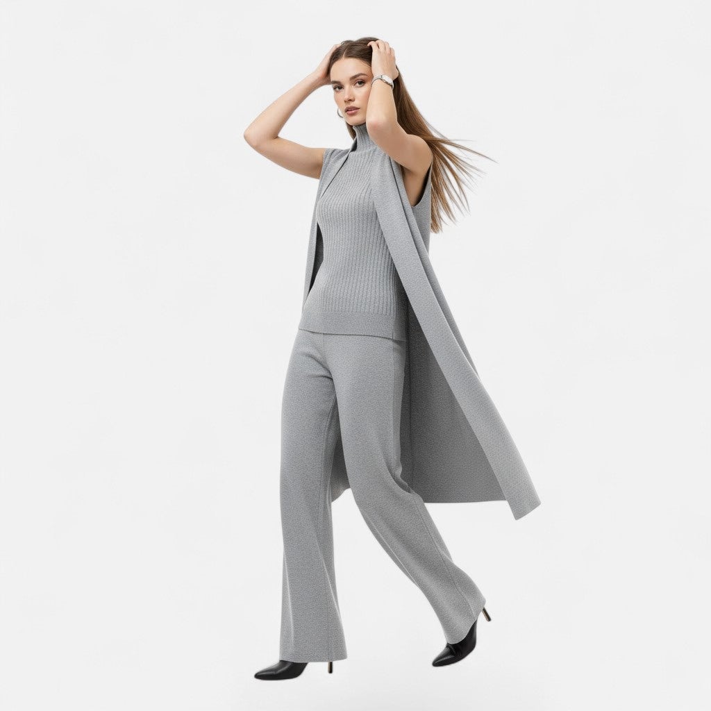 Grey Textured Knit Vest with Turtleneck and Wide-Leg Pants — Elegant Vest Outfits