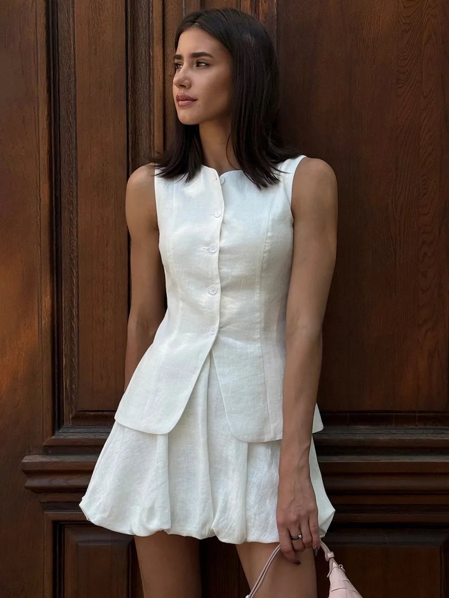 White Linen Vest with Layered Bubble Hem Skirt — Elegant Vest Outfits
