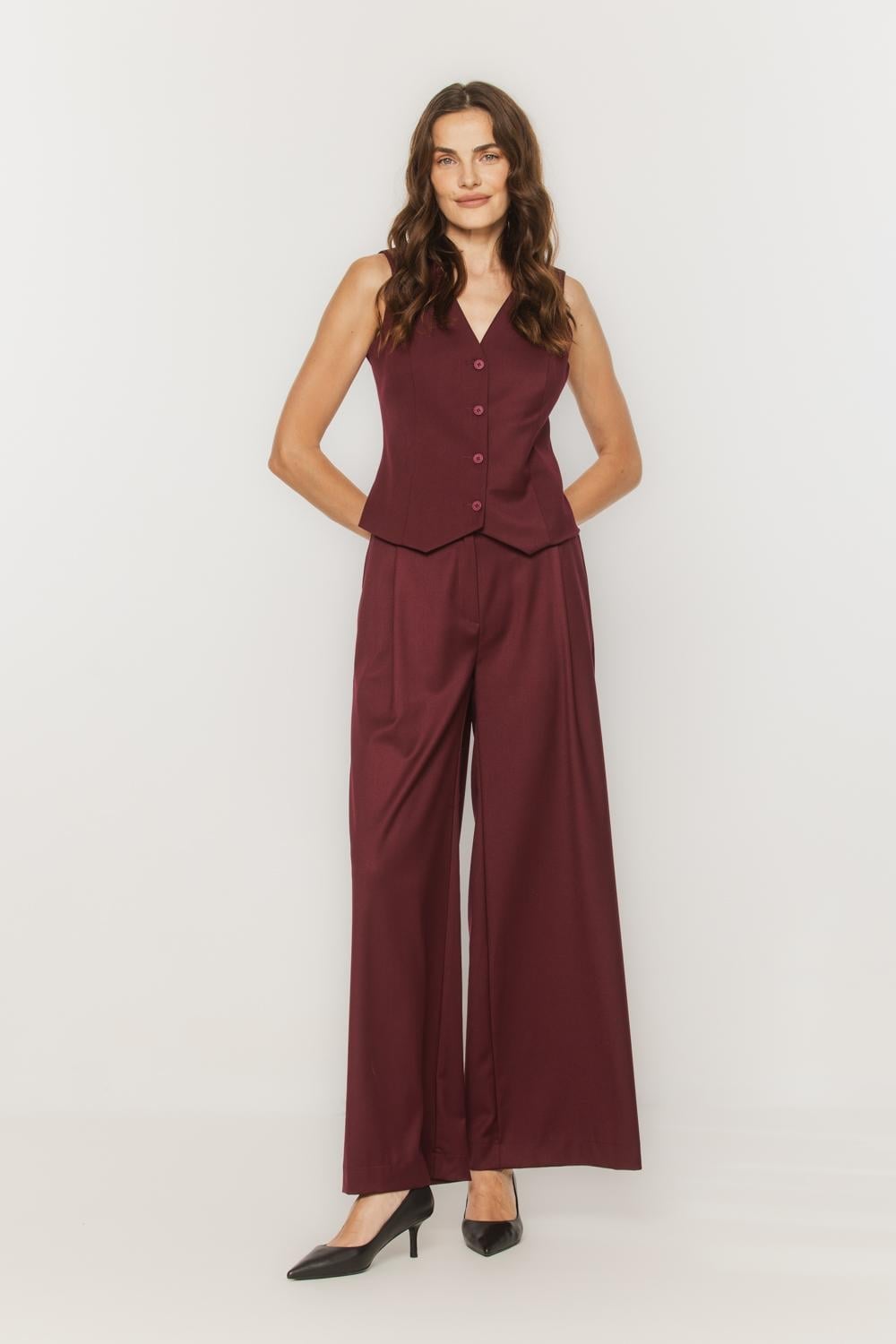 Burgundy Vest and Wide-Leg Trousers Suit — Elegant Vest Outfits