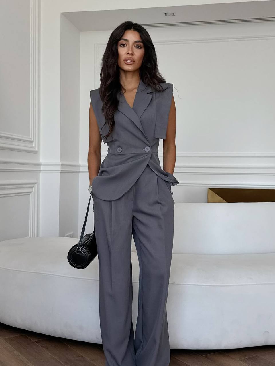 Gray Suit Vest with Asymmetrical Lapel and Wide-Leg Trousers — Elegant Vest Outfits