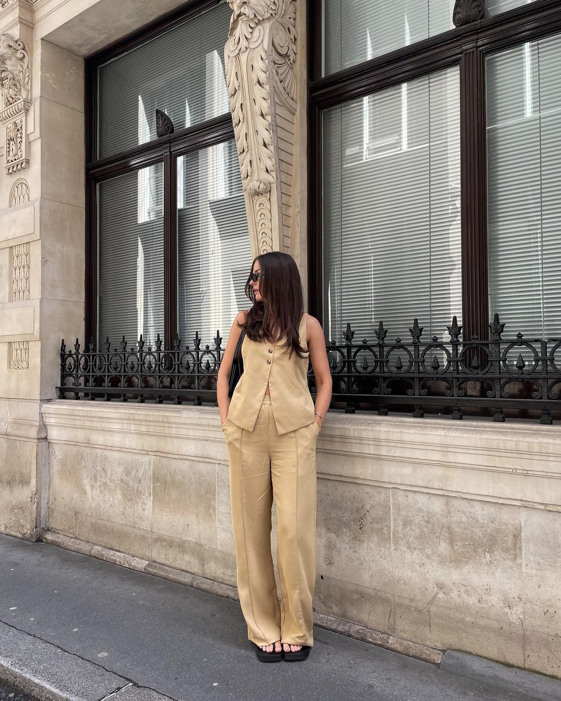 Camel Vest and Wide-Leg Trousers with Flat Sandals — Elegant Vest Outfits