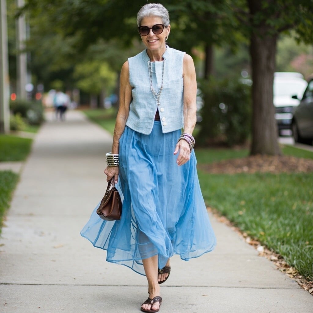 Light Blue Vest with Flowing Blue Skirt — Elegant Vest Outfits