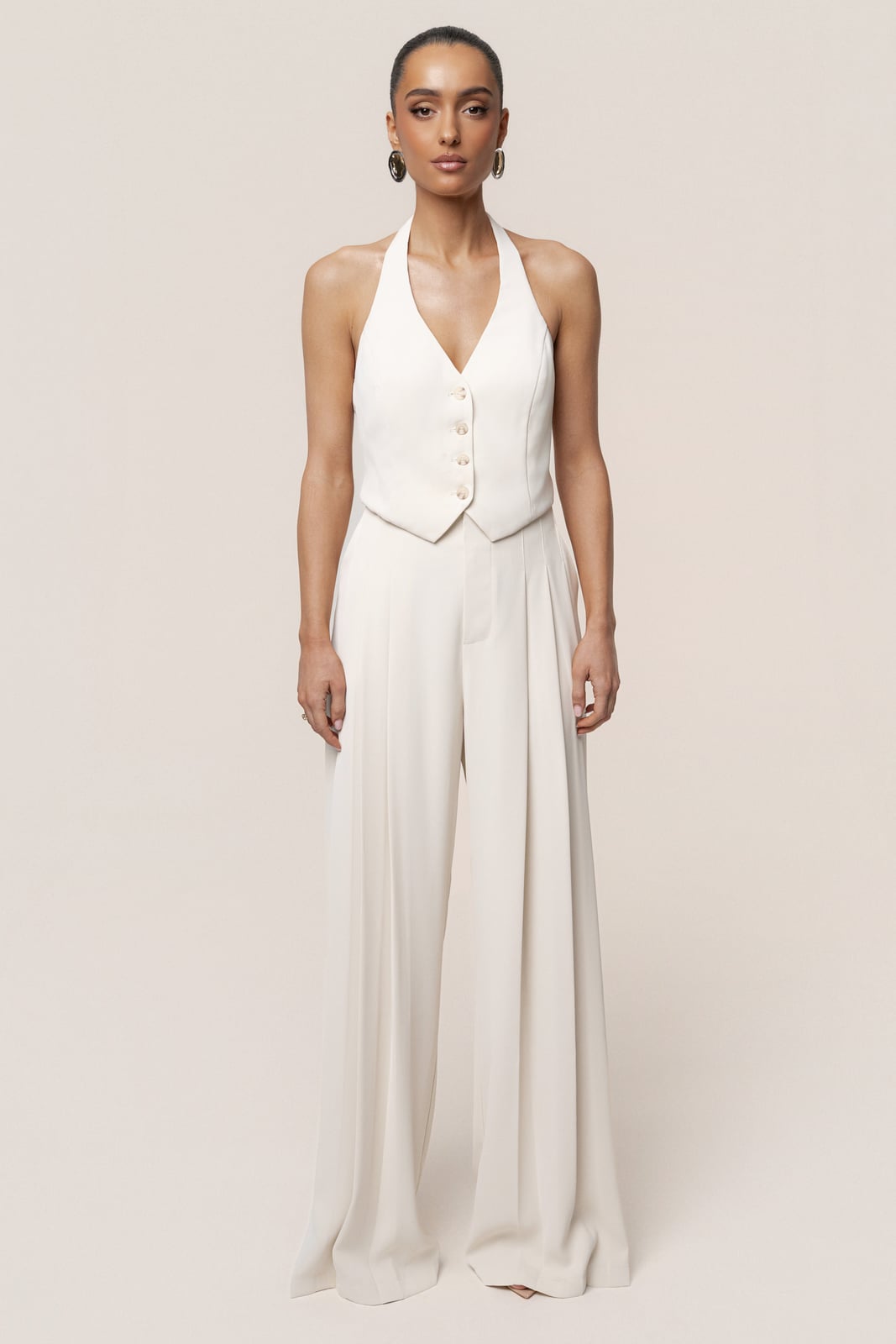 Ivory Halter Vest with Wide-Leg Pleated Trousers — Elegant Vest Outfits