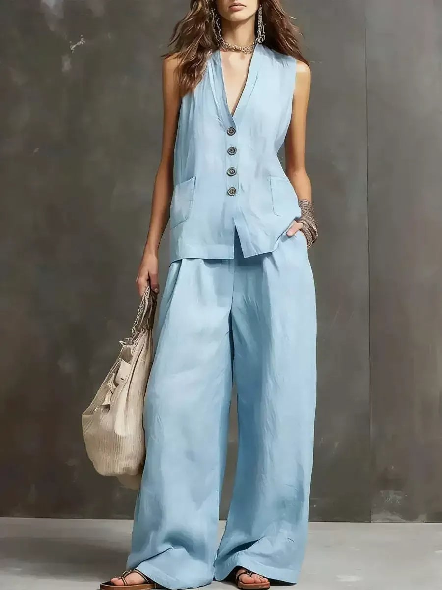 Light Blue Linen Vest with Wide-Leg Pants and Flat Sandals — Elegant Vest Outfits