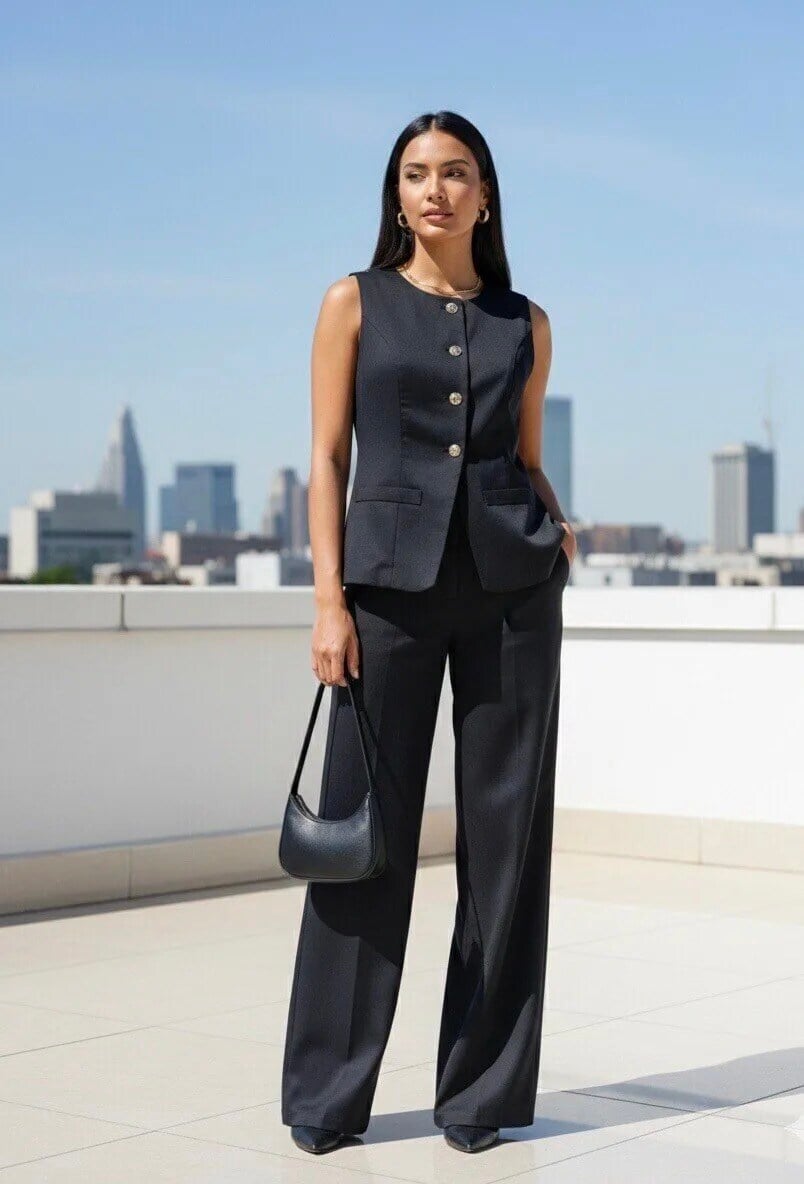 Monochromatic Black Vest and Trousers with Gold Button Detail — Elegant Vest Outfits