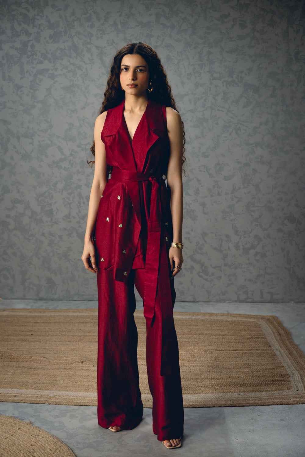 Burgundy Vest with Gold Embellishments and Wide-Leg Pants — Elegant Vest Outfits