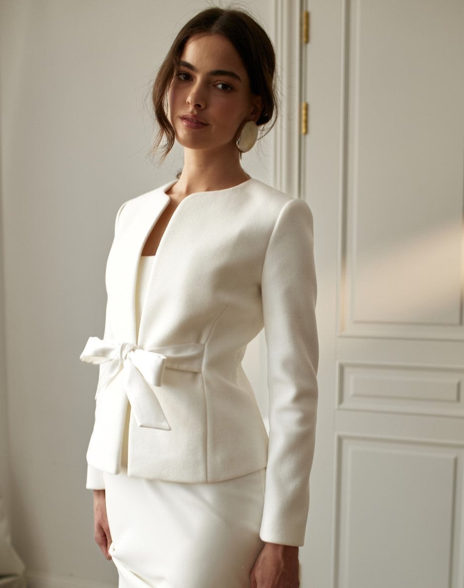 White Jacket With Bow Detail Over Matching Dress White Jacket With Bow Detail Over Matching Dress — Elegant White Jacket Outfit