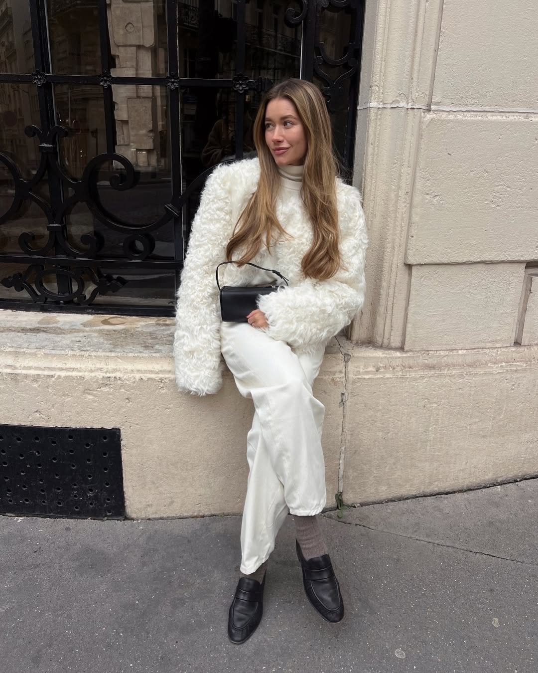 White Fuzzy Sweater With Satin Trousers White Fuzzy Sweater With Satin Trousers — Elegant White Jacket Outfit