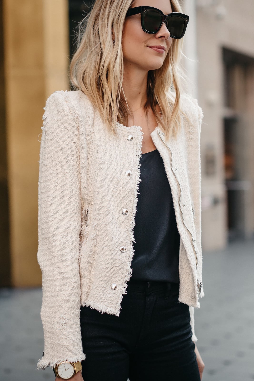 Ivory Tweed Jacket Over Dark Tank Top Ivory Tweed Jacket Over Dark Tank Top — Elegant White Jacket Outfit