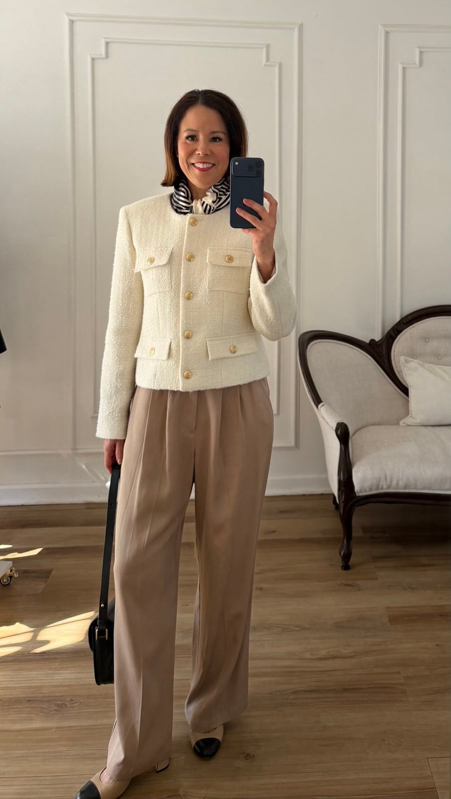 Cream Tweed Jacket With Gold Buttons and Scarf Cream Tweed Jacket With Gold Buttons and Scarf — Elegant White Jacket Outfit