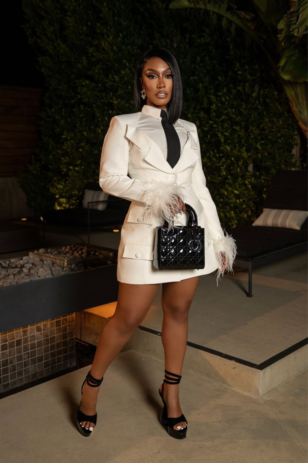 White Blazer Dress With Feather Trim White Blazer Dress With Feather Trim — Elegant White Jacket Outfit