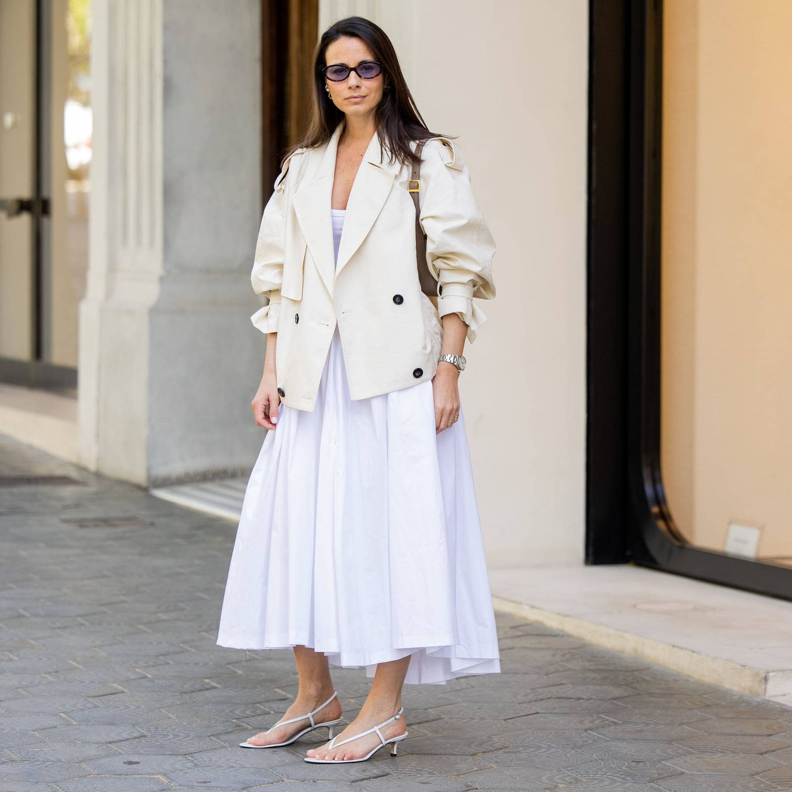 Cream Oversized Jacket Over White Midi Dress Cream Oversized Jacket Over White Midi Dress — Elegant White Jacket Outfit