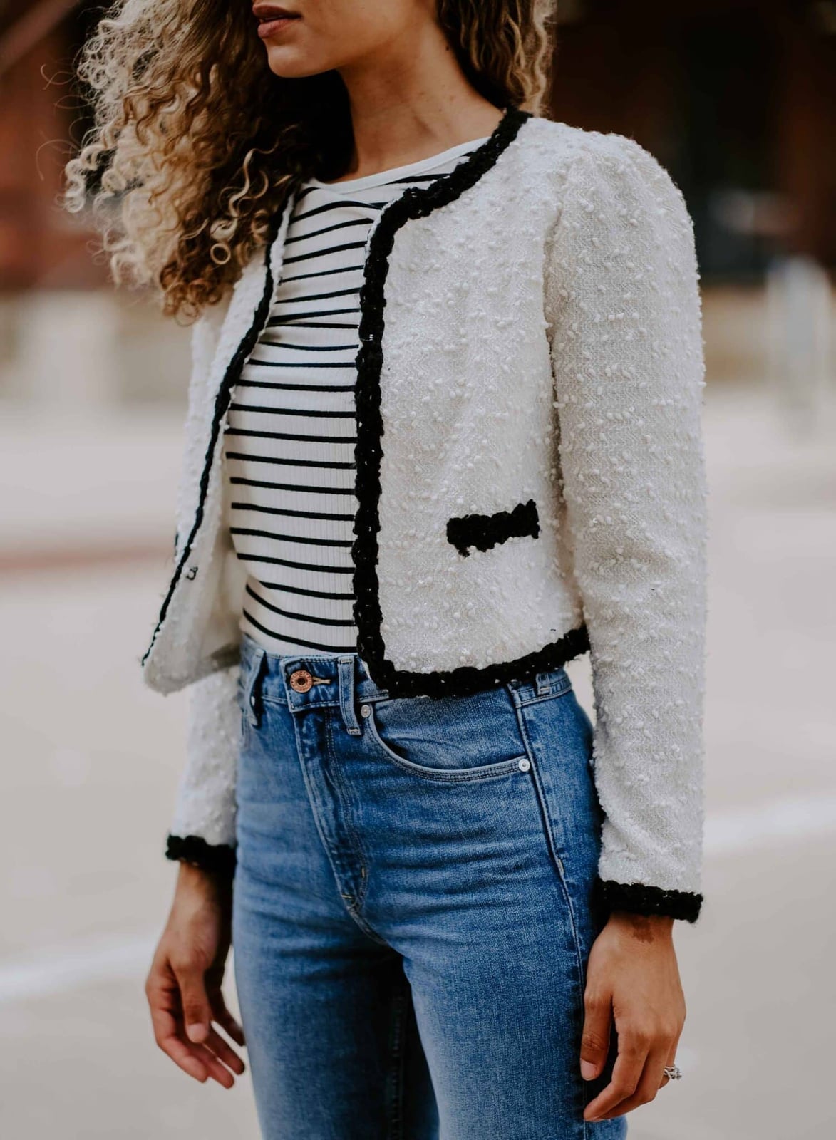Cropped White Tweed Jacket With Black Trim Cropped White Tweed Jacket With Black Trim — Elegant White Jacket Outfit