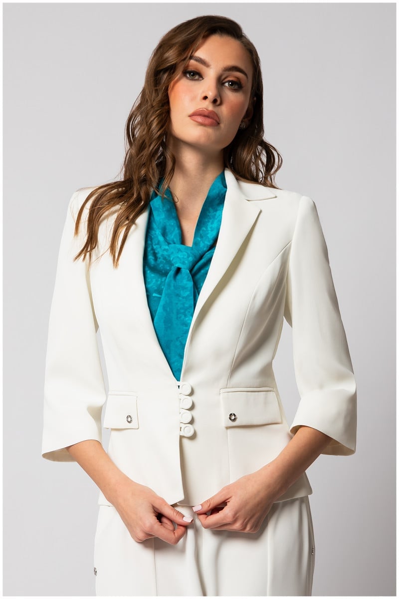 Oversized White Blazer With Teal Scarf Accent Oversized White Blazer With Teal Scarf Accent — Elegant White Jacket Outfit