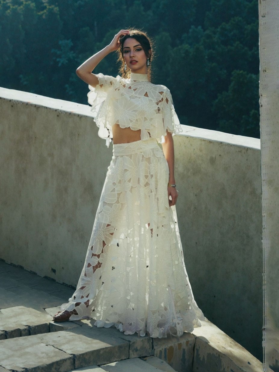 White Floral Lace Maxi Skirt With Matching Crop Top White Floral Lace Maxi Skirt With Matching Crop Top — Elegant White Maxi Skirt Outfit