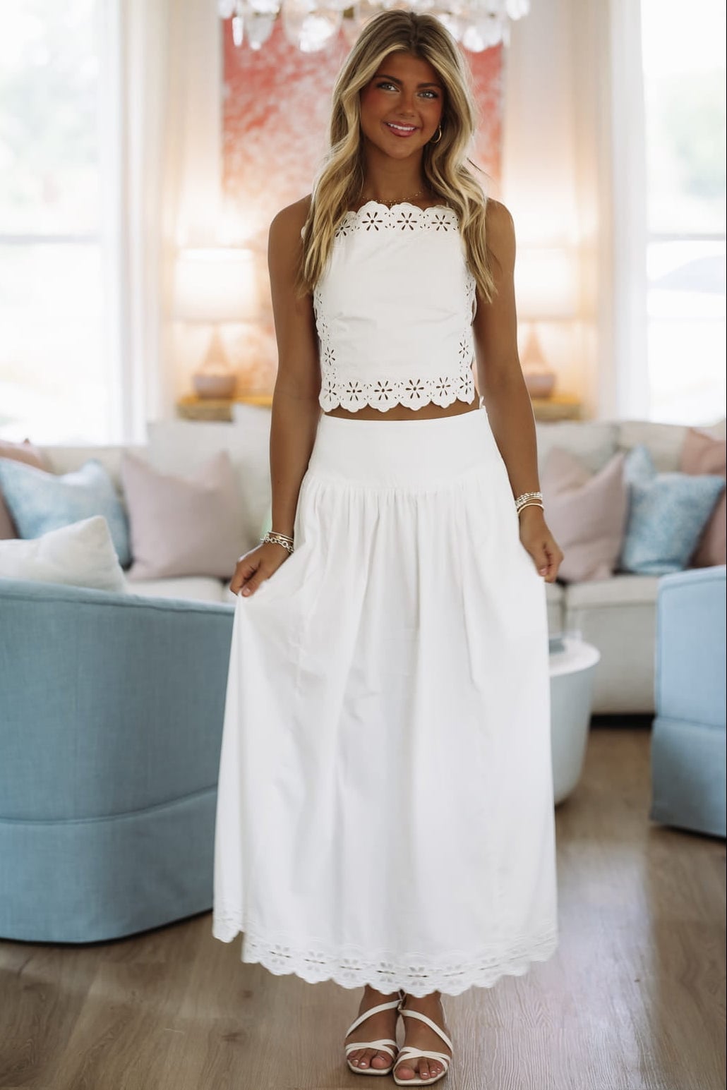 White Eyelet Maxi Skirt With Matching Crop Top White Eyelet Maxi Skirt With Matching Crop Top — Elegant White Maxi Skirt Outfit
