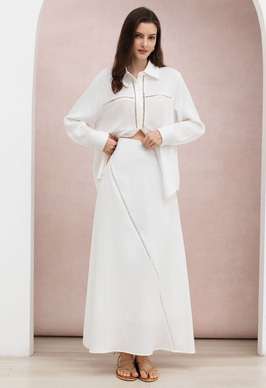 White Textured Maxi Skirt With Collared Shirt White Textured Maxi Skirt With Collared Shirt — Elegant White Maxi Skirt Outfit